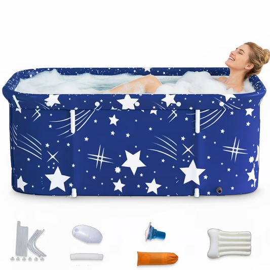55In Portable Folding Bathtub for Bathroom, Hot Ice Bath Tub for 2 Person , Blue White