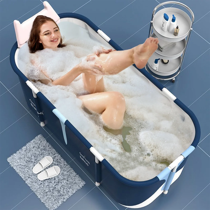 55In Portable Folding Bathtub for Bathroom, Hot Ice Bath Tub for 2 Person , Blue White