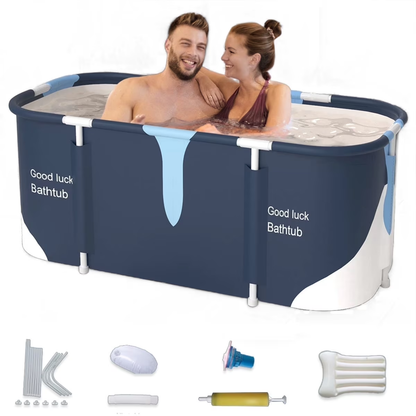 55In Portable Folding Bathtub for Bathroom, Hot Ice Bath Tub for 2 Person , Blue White
