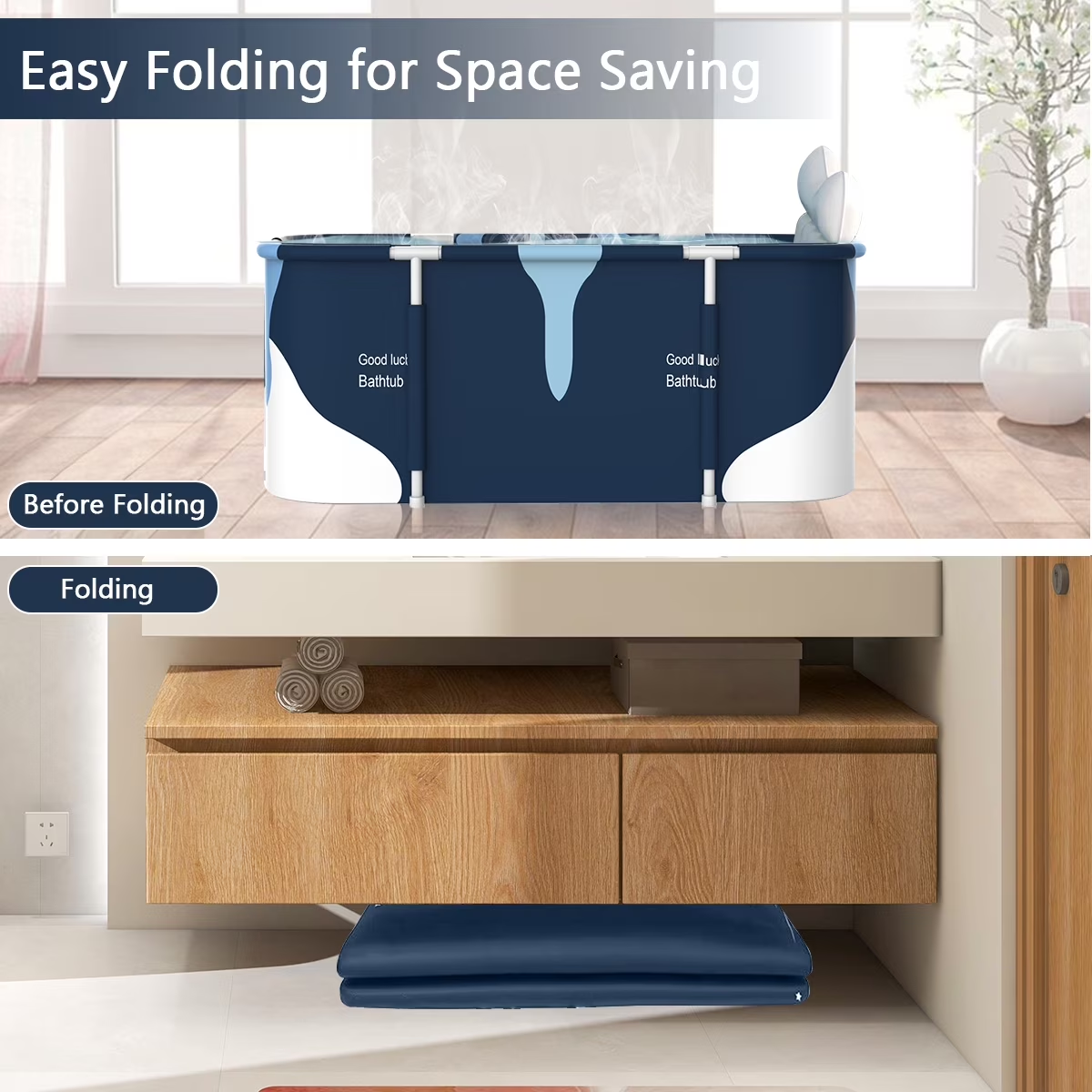 55In Portable Folding Bathtub for Bathroom, Hot Ice Bath Tub for 2 Person , Blue White